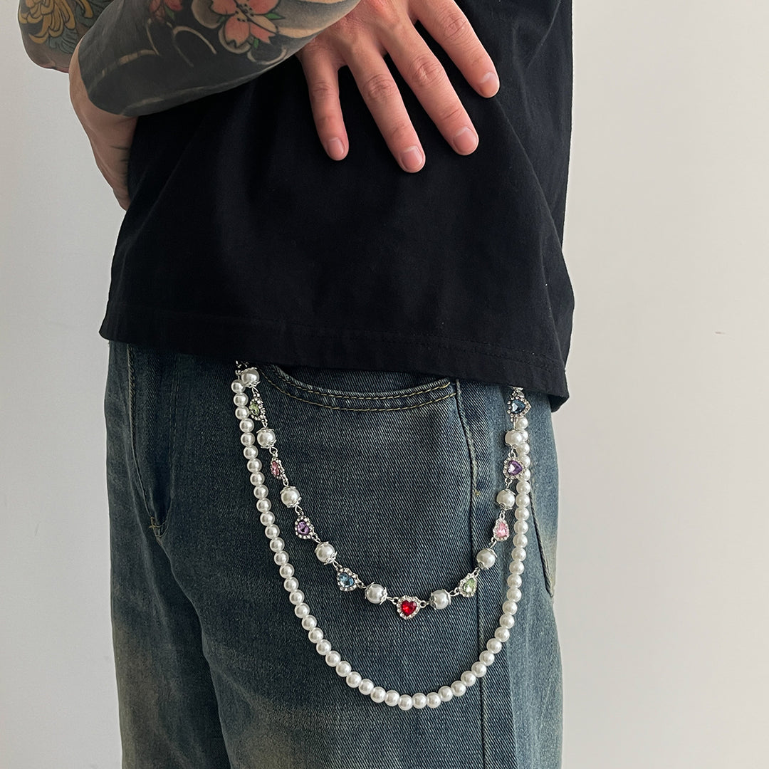 Pearl, Multi-Gemstone, Cross & Floral Pant Chain