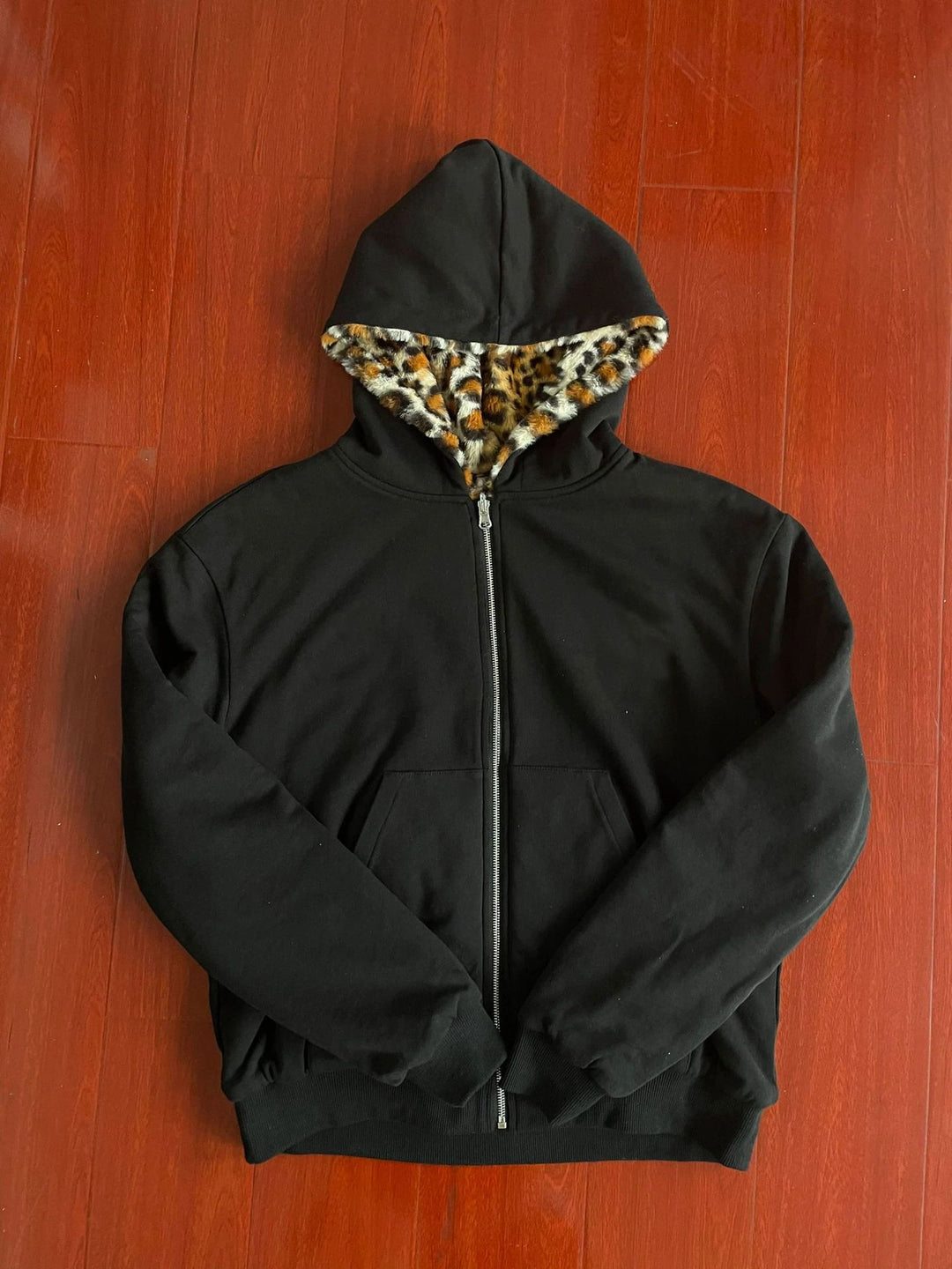 Reversible retro leopard print zip-up hooded sweatshirt