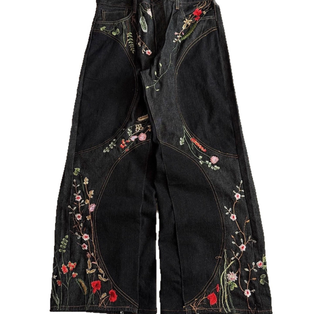 Y2K Loose-Fit Wide-Leg Patchwork Jeans with Floral Embroidery