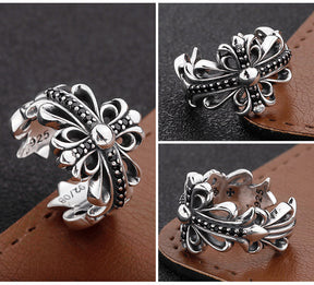 S925 sterling silver chrome hearts cross flower retro open ring