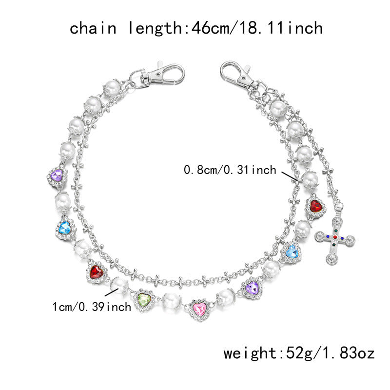 Multi-Color Gemstone, Pearl, and Cross Punk Waist Chain
