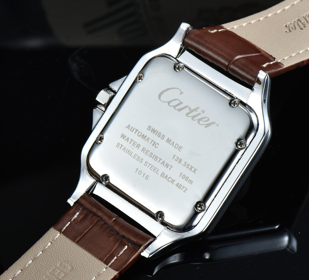 Leather Strap, Three-Hand Quartz Watch with Square Case