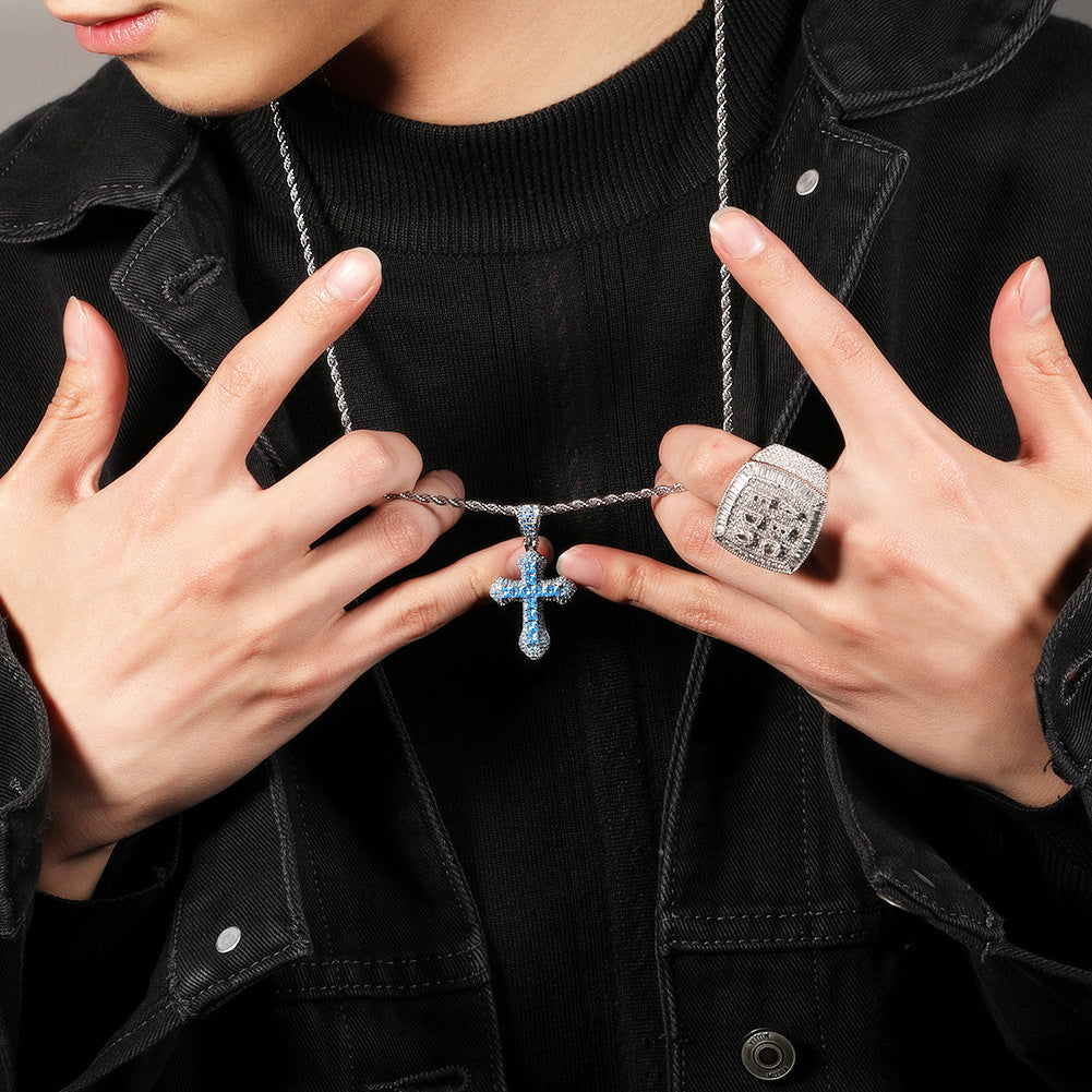 Blue Zircon Cross Hip-hop Necklace