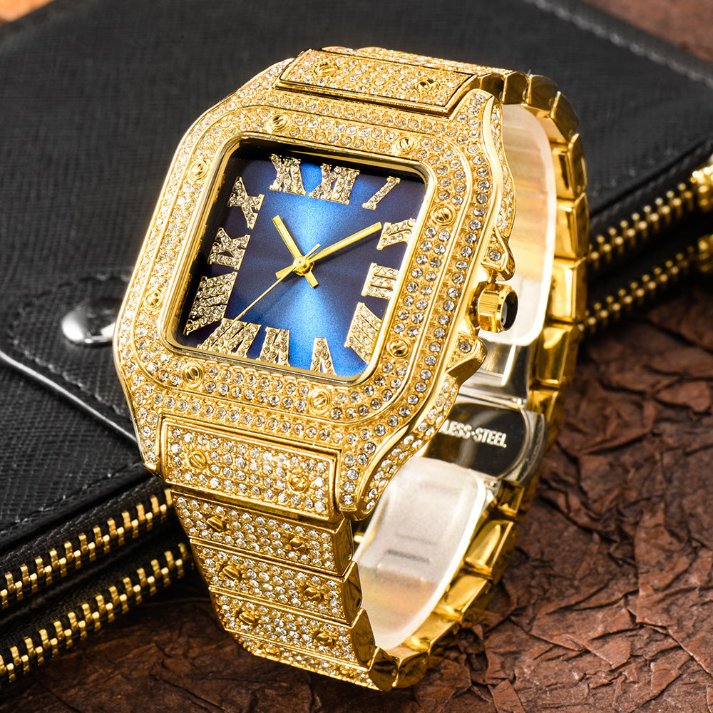 Roman Dial Marker High-End Hip Hop Style Diamond-Studded Square Watch