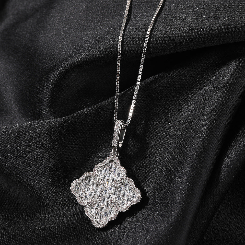 Full-diamond zircon four-leaf clover necklace