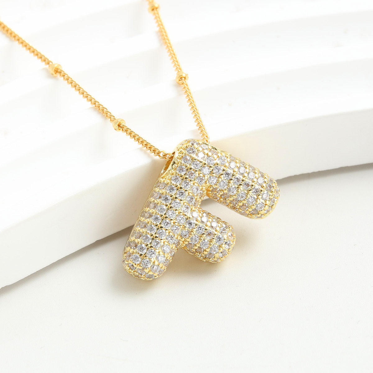 Bubble Initial Necklace 14k Gold Plated Cubic Zirconia