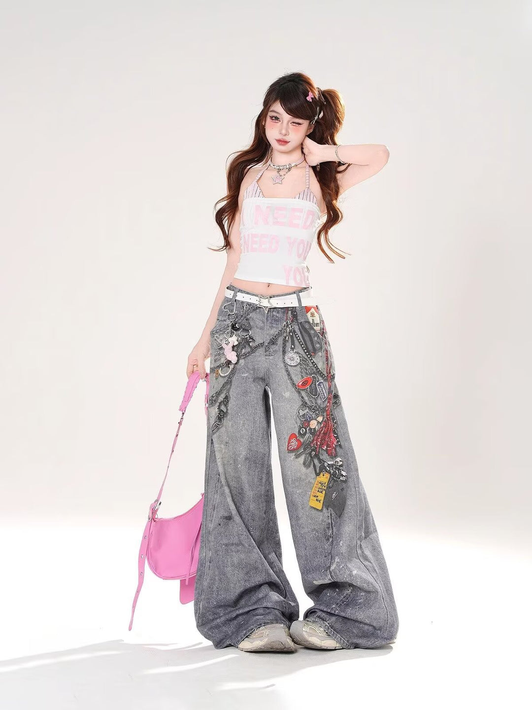 3D Digital Print Straight-Leg Distressed Wide-Leg Jeans