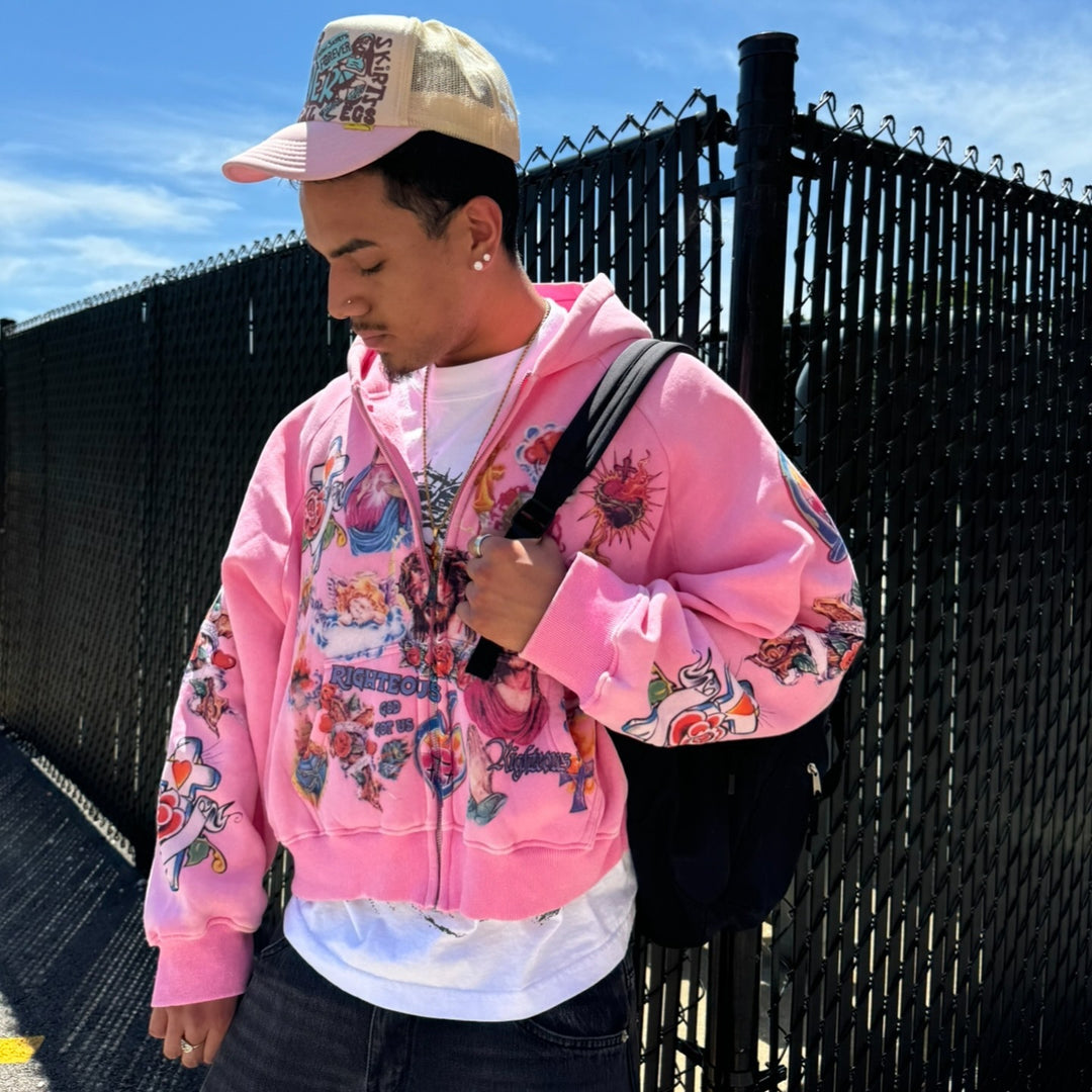 RIGHTEOUS Jesus Cross Cartoon Hooded Zip-up Sweatshirt