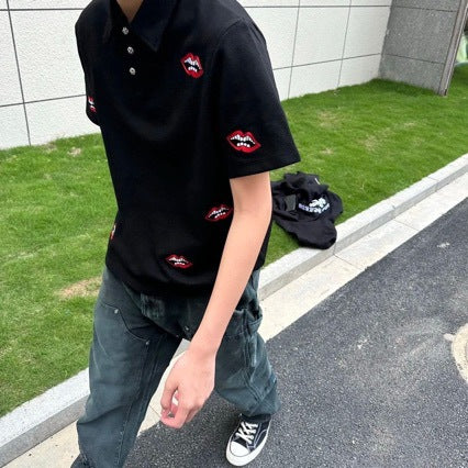 Chrome Hearts red lip print polo shirt