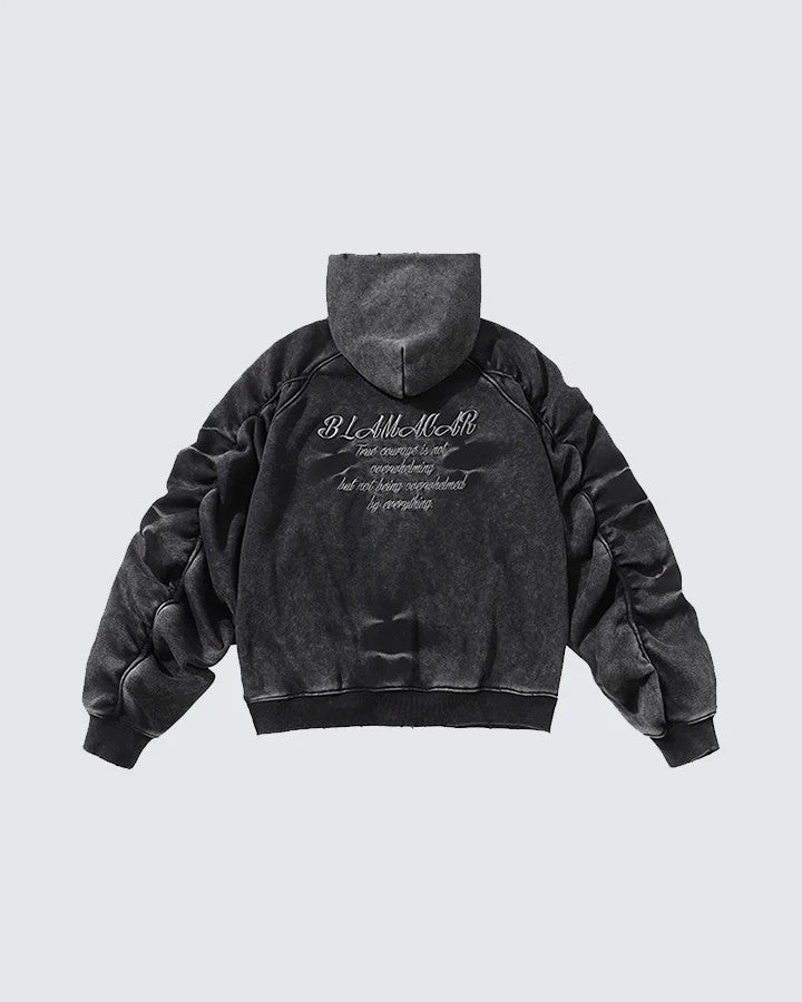 Distressed washed and pleated hooded sleeves