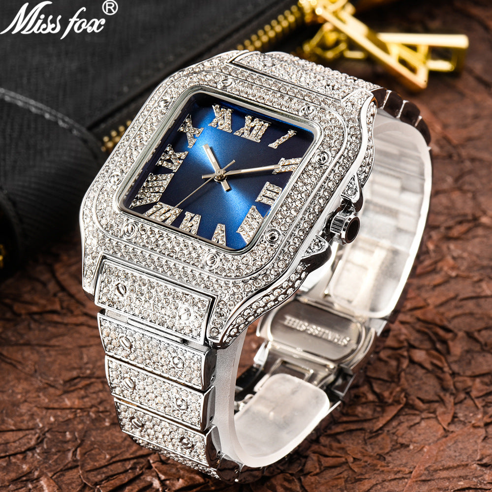 Roman Dial Marker High-End Hip Hop Style Diamond-Studded Square Watch