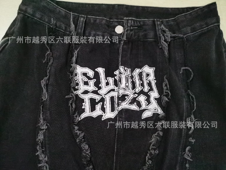 Paneled, Loose-Fit, Embroidered, and Fur-Trimmed Denim Jeans