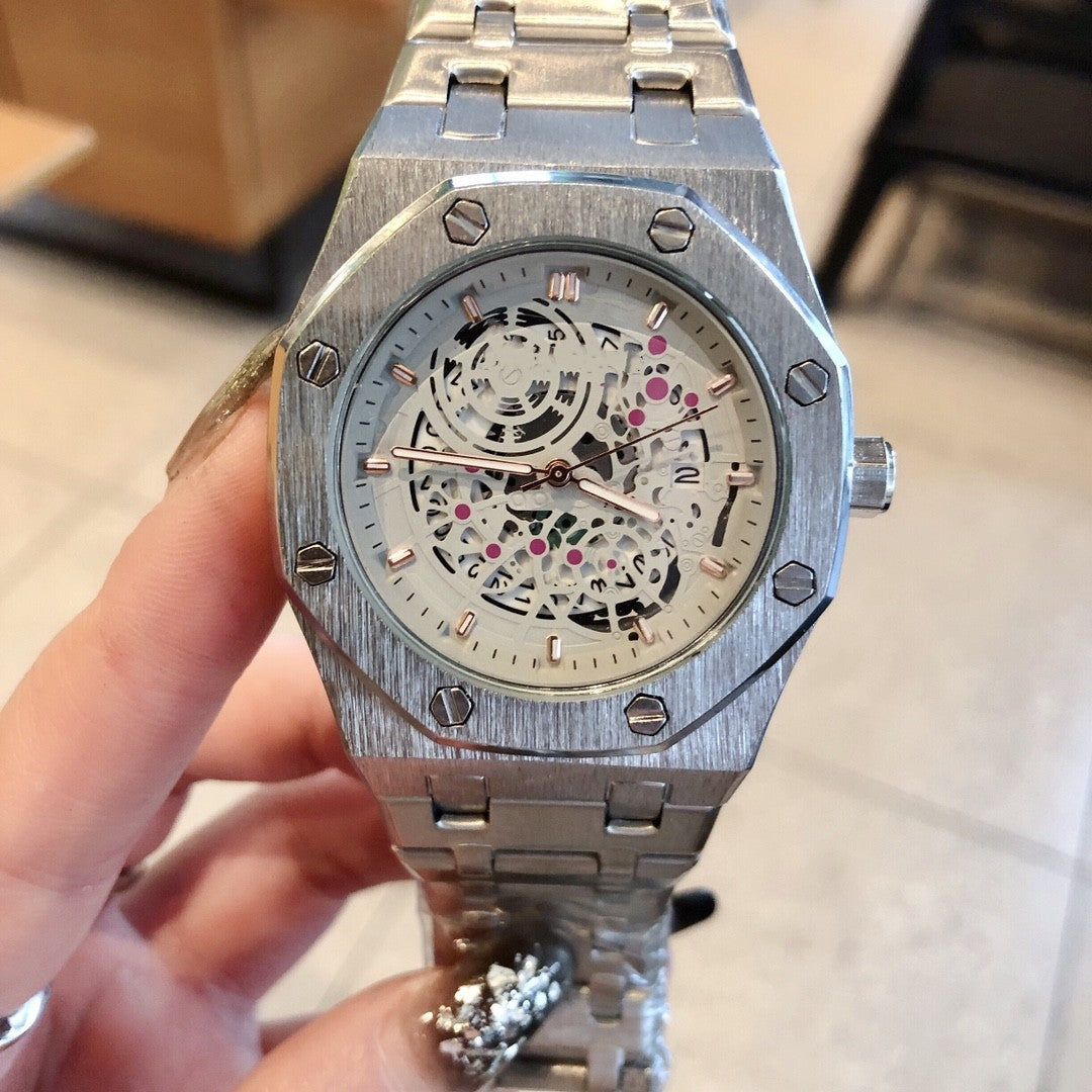 Hexagonal Steel Bracelet Watch with Mechanical Skeleton Dial