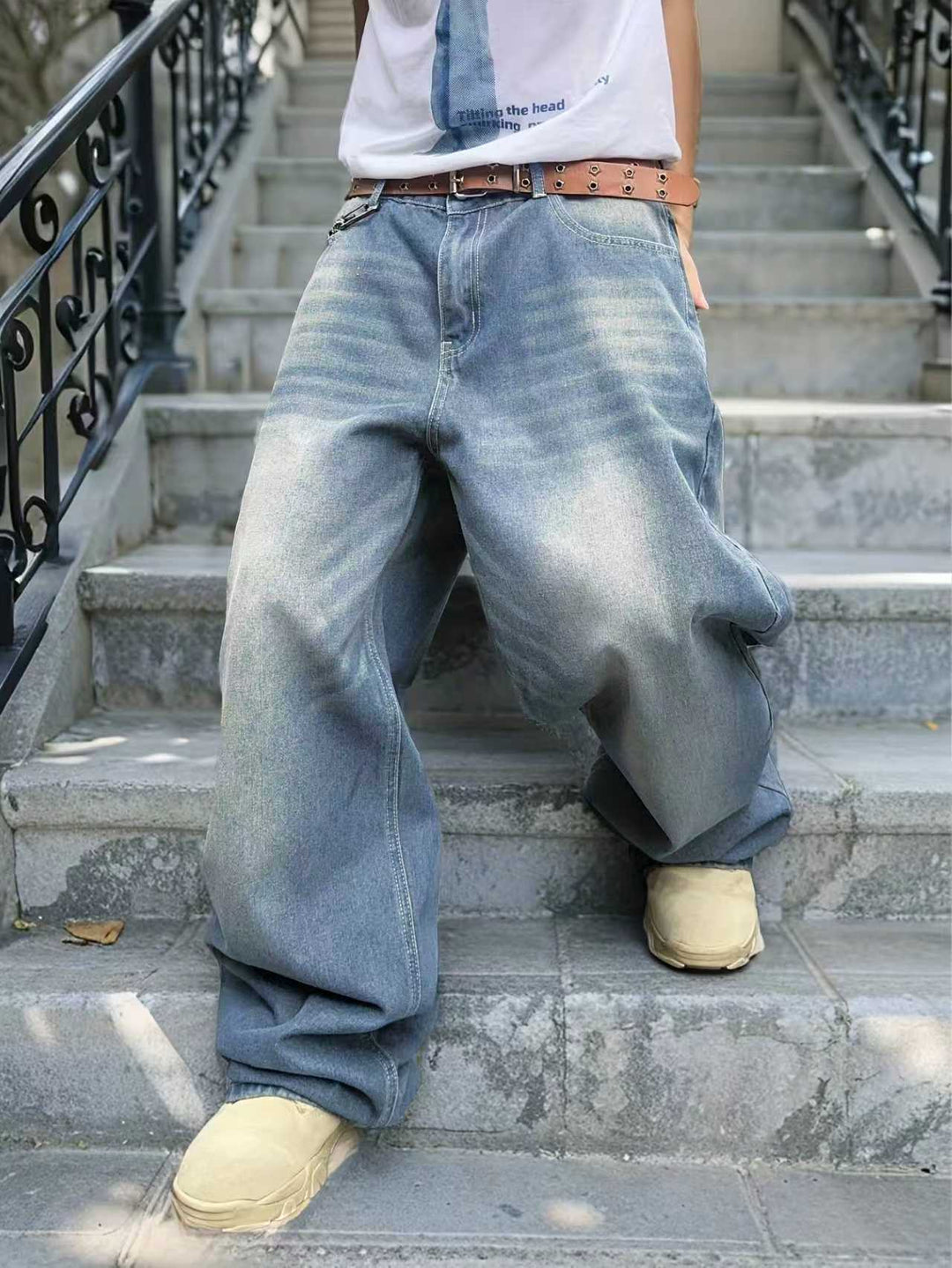 Washed Denim Jeans with a Loose Fit and Wide Legs