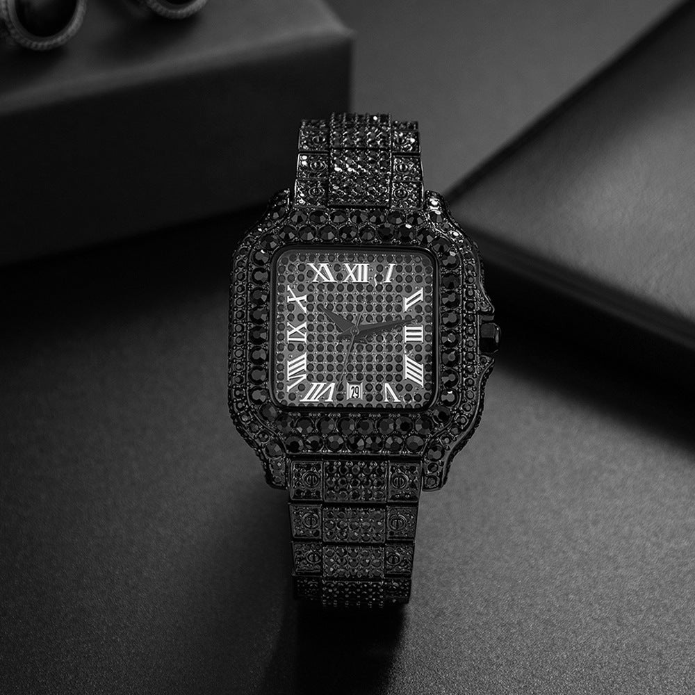 Hip-Hop Square Quartz Watch with Full Diamonds and Roman Markers