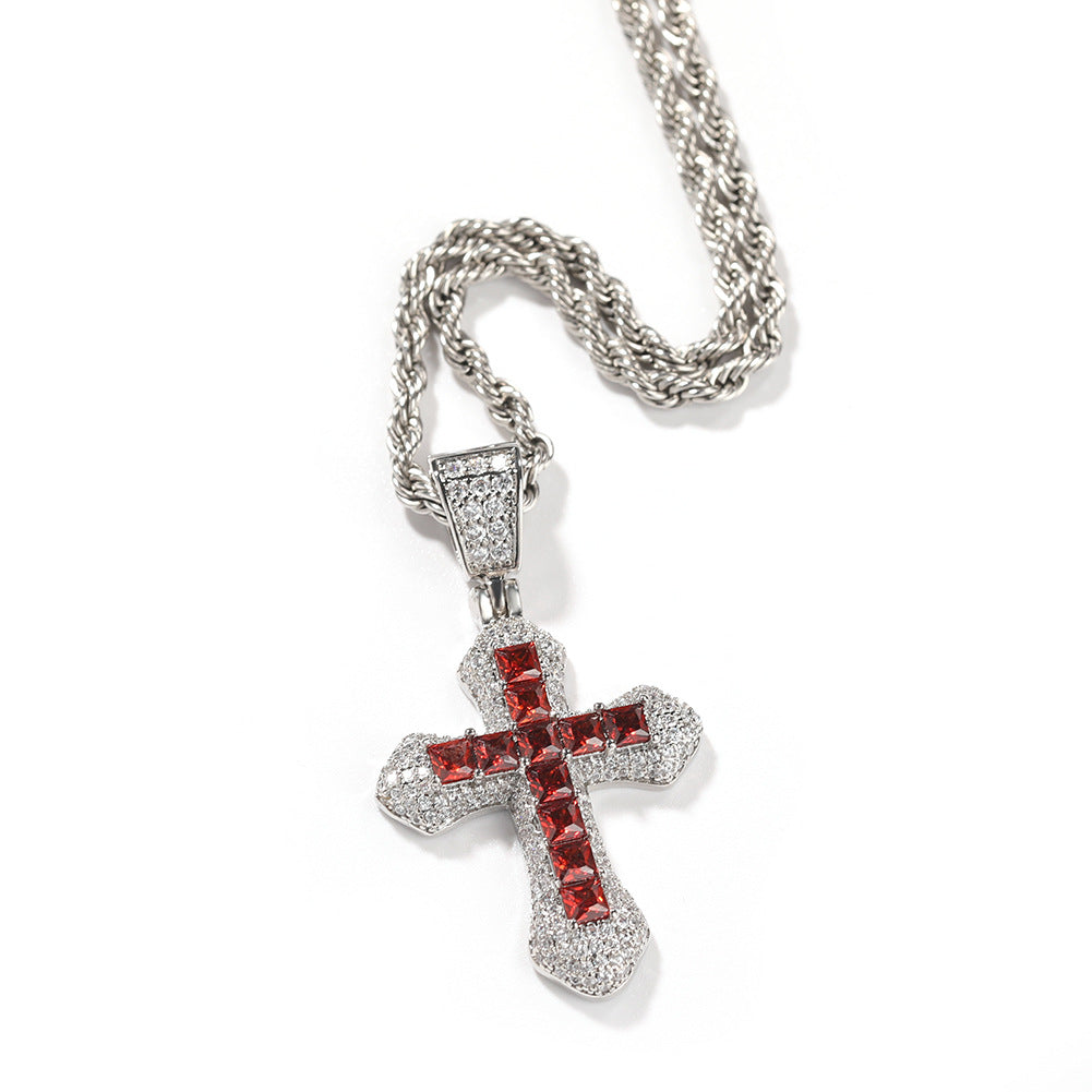 Blue Zircon Cross Hip-hop Necklace