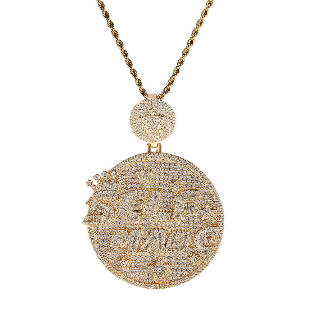 Self made hip-hop large diamond-encrusted disc necklace