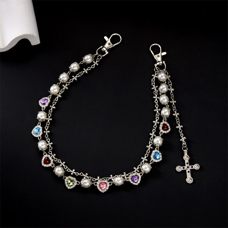 Multi-Color Gemstone, Pearl, and Cross Punk Waist Chain