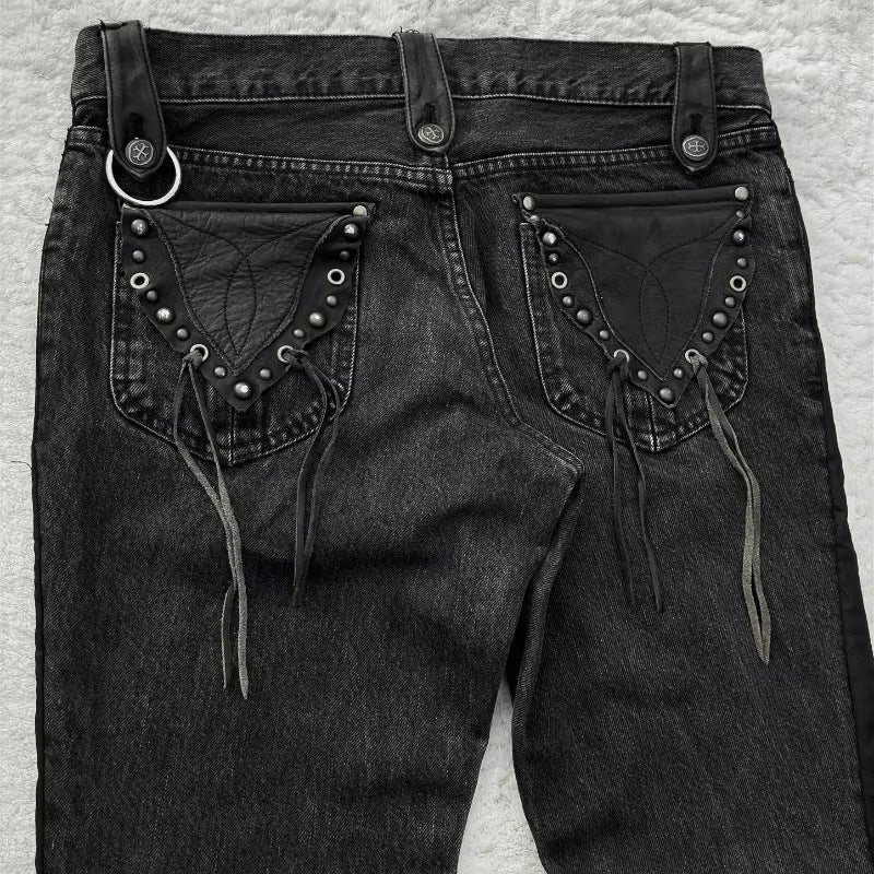 Y2K dark style cross print washed flared jeans