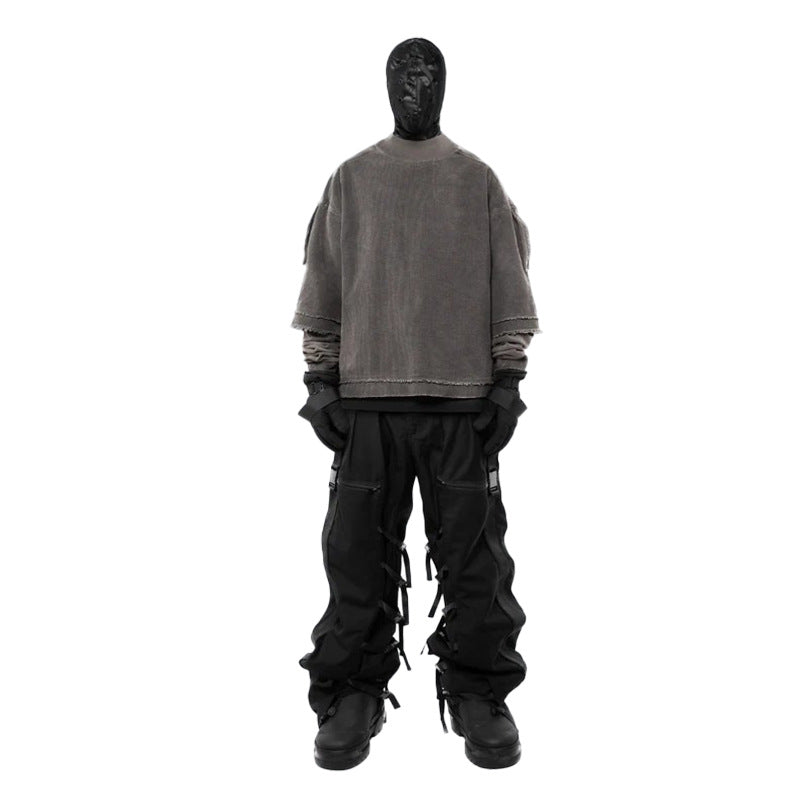 Distressed and ripped long-sleeved faux two-piece T-shirt