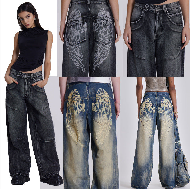 Washed & Distressed Wide-Leg Jeans with Gradient Wing Print