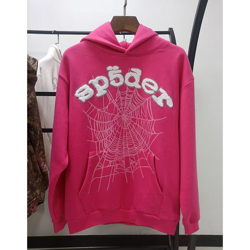 Sp5der fleece-lined hoodie with spiderweb print.