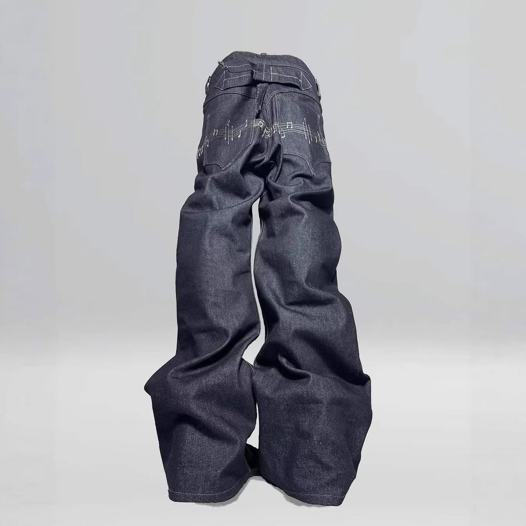 Y2K Loose-Fit Wide-Leg Patchwork Jeans with Floral Embroidery