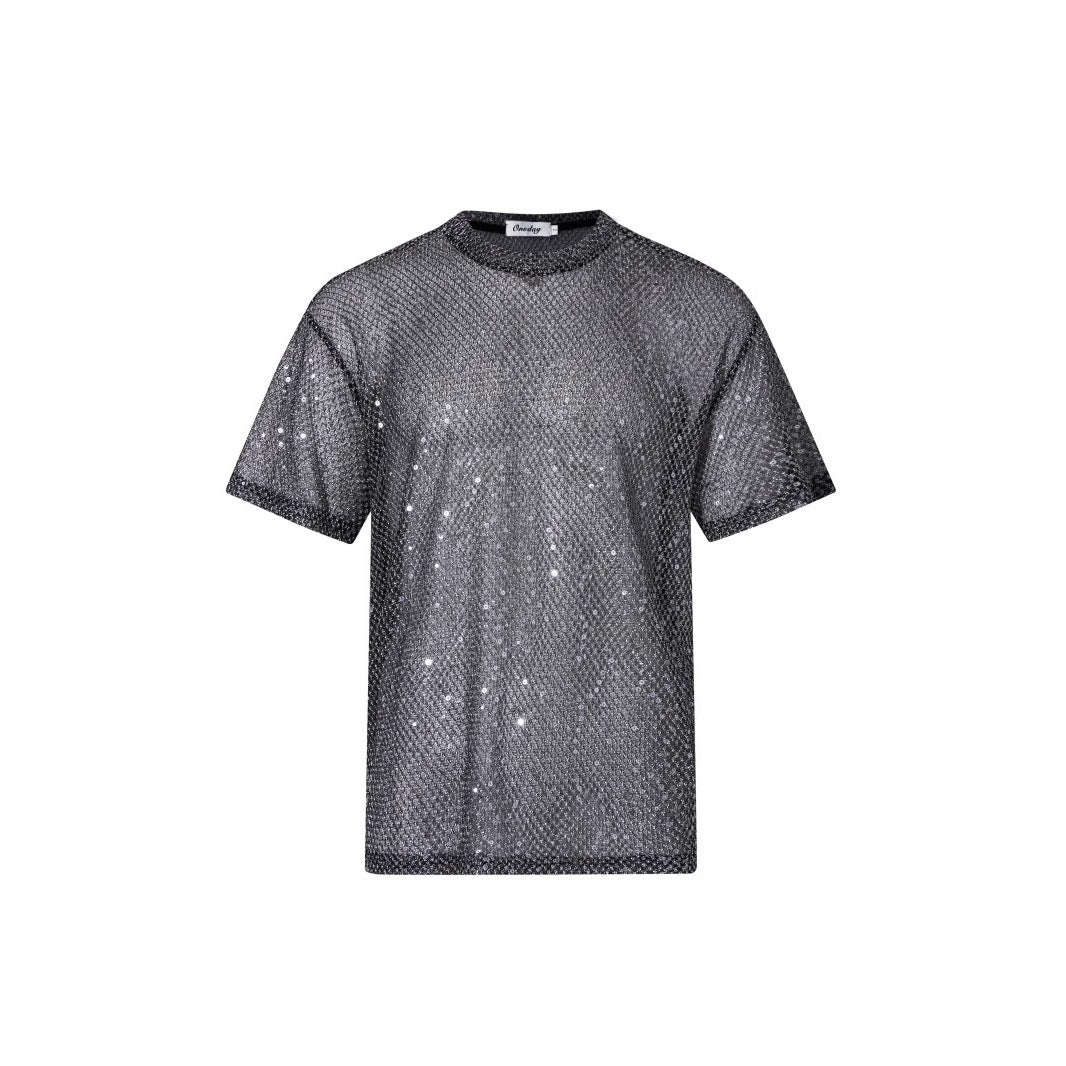 Gold Glittery Sheer Mesh Short-Sleeve T-Shirt