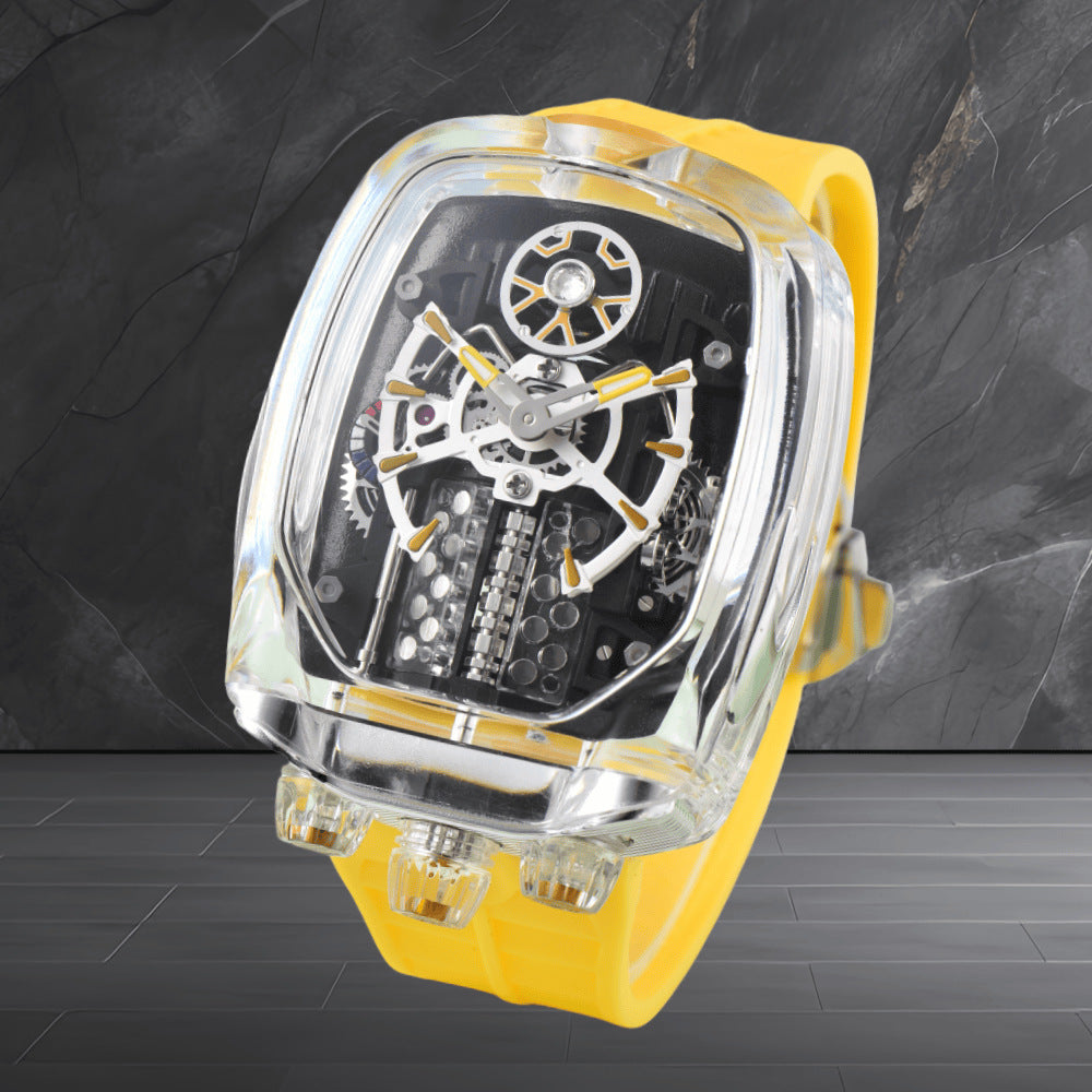 W16 Engine-Style Watch with Sparkling Transparent Crystal Case