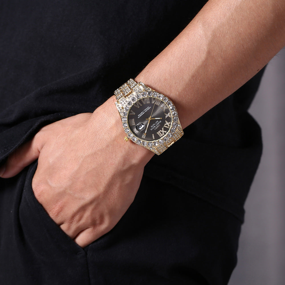 Fully Jeweled, Steel-Band, Calendar Quartz Watch