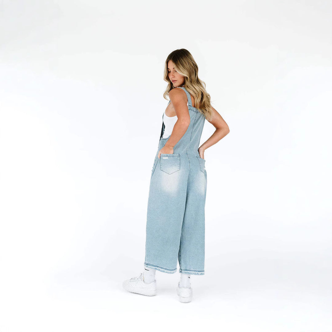Vintage Distressed Ripped Loose-Fit Wide-Leg Denim Overalls