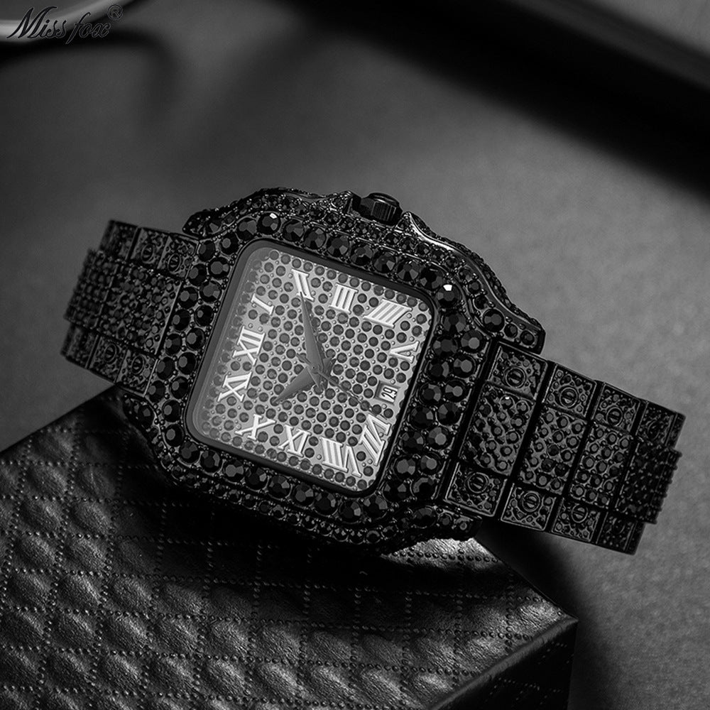 Hip-Hop Square Quartz Watch with Full Diamonds and Roman Markers
