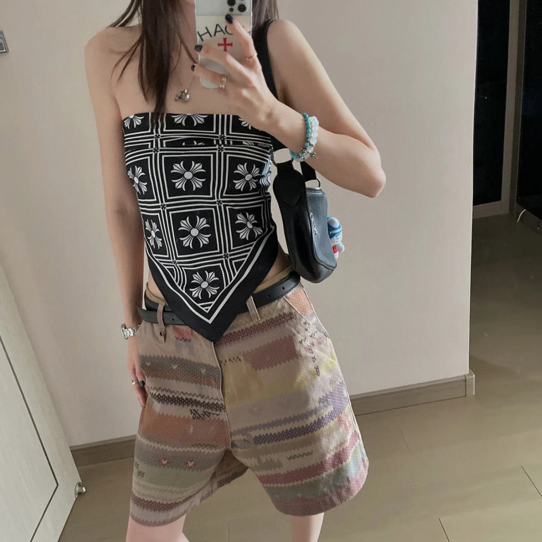 Chrome Hearts-Style All-Over Print Silk Bandeau Top