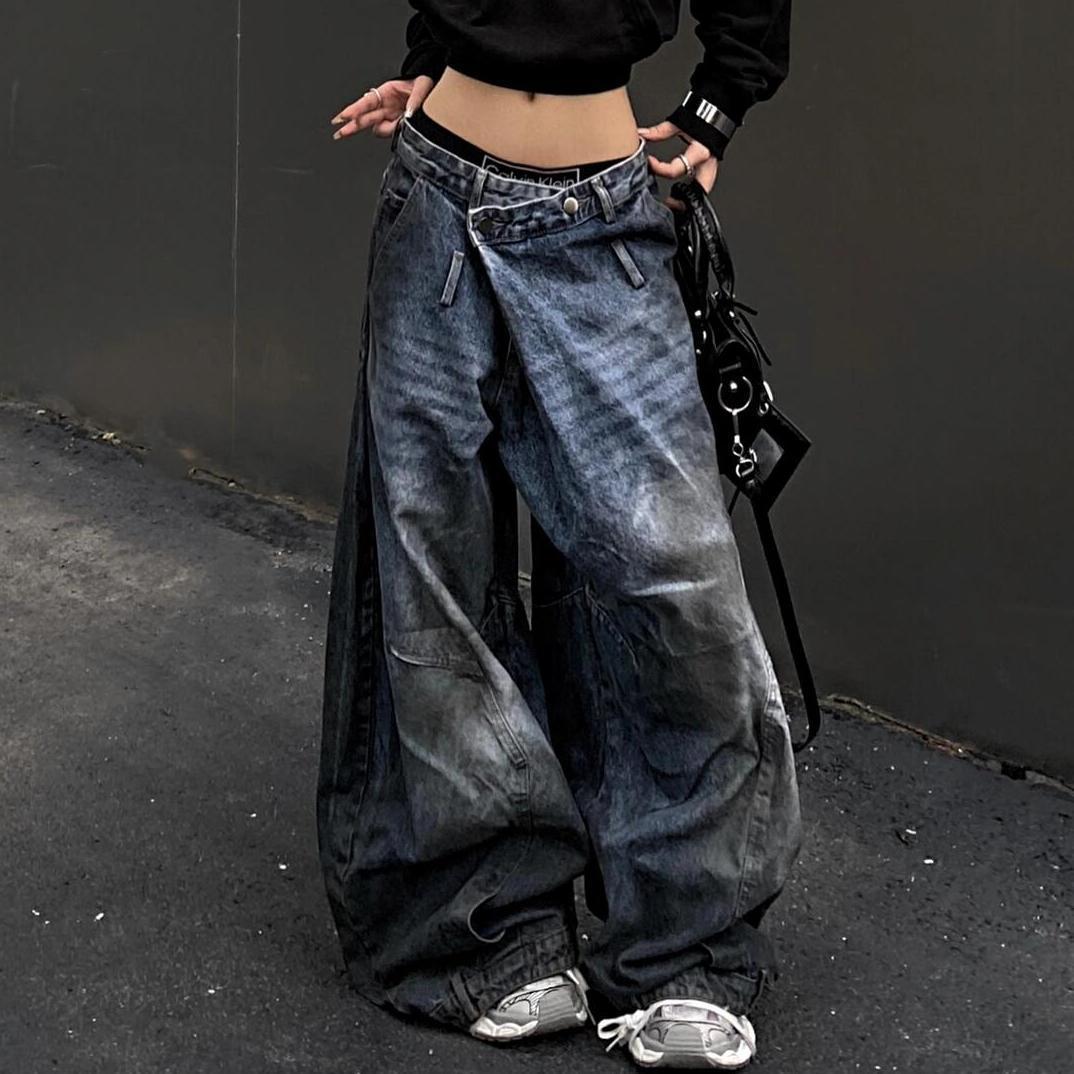 Plus-Size Washed & Distressed Loose-Fit "Curved-Leg" Jeans