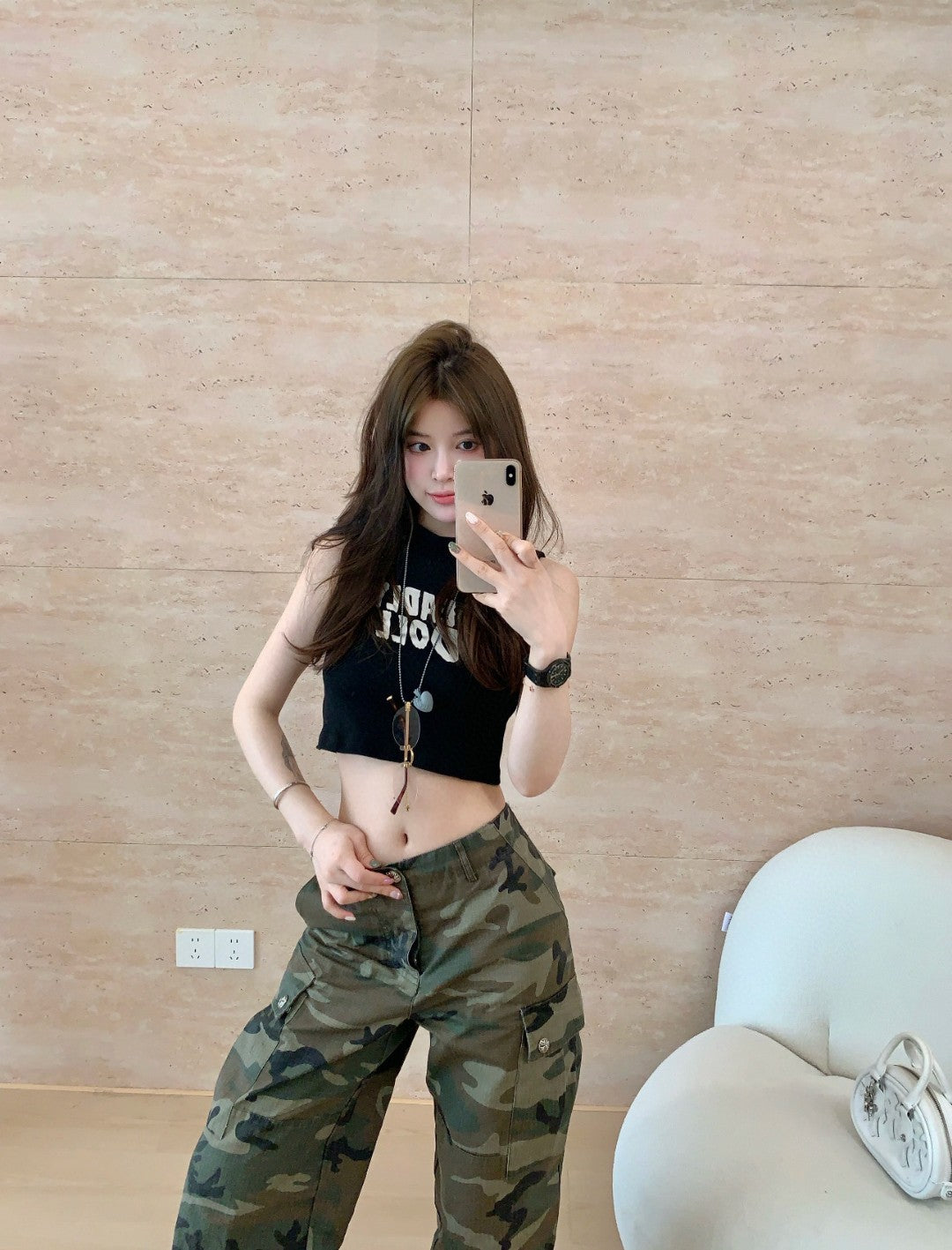 Chrome Hearts sexy tank top, retro cargo camouflage pants