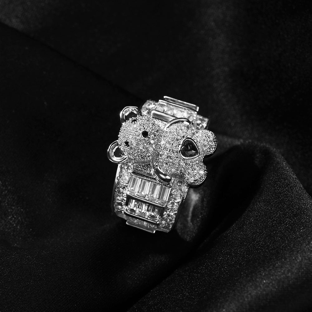 Hip-hop cute bear diamond-encrusted adjustable ring