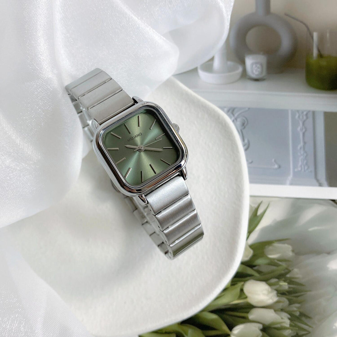 Collegiate-Style Square Watch with Bamboo-Texture & Sunray Dial