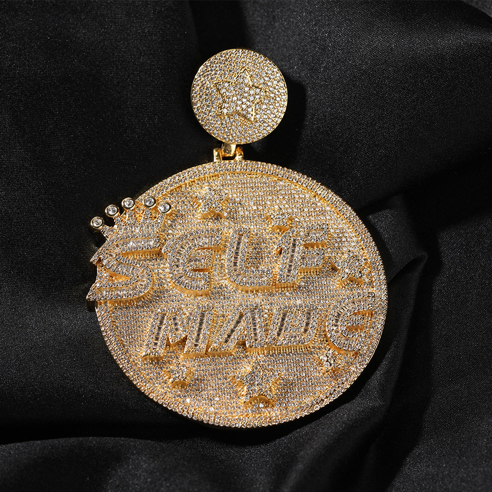 Self made hip-hop large diamond-encrusted disc necklace