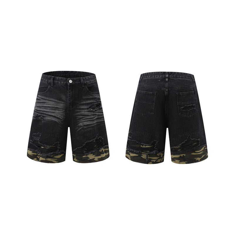 Raw-Hem Leopard-Print Patchwork Denim Shirt & Shorts Set