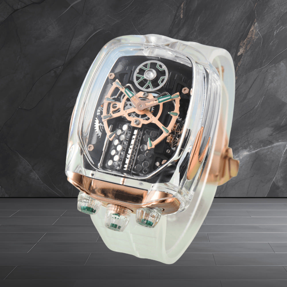 W16 Engine-Style Watch with Sparkling Transparent Crystal Case