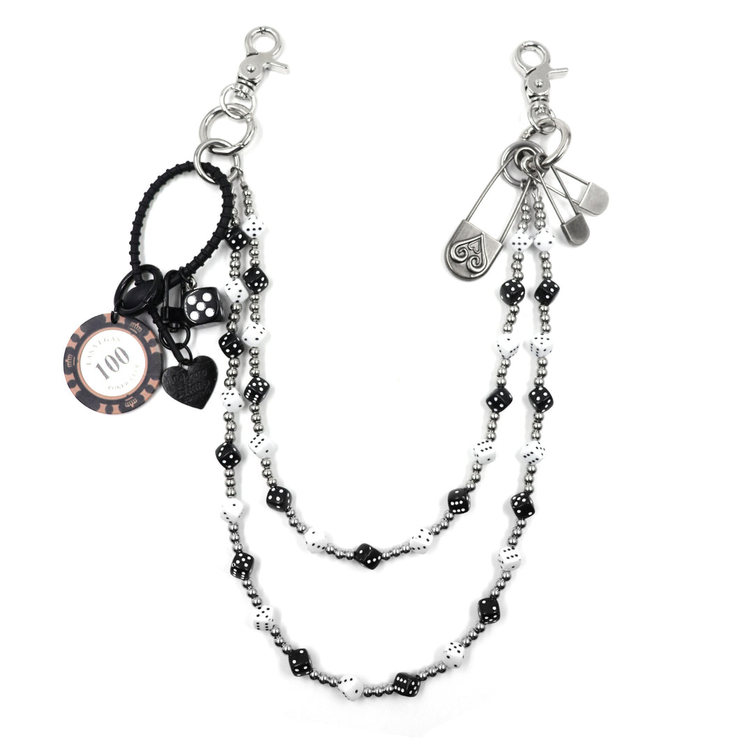 Distressed Double-Layer Black & White Dice and Pearl Pant Chain