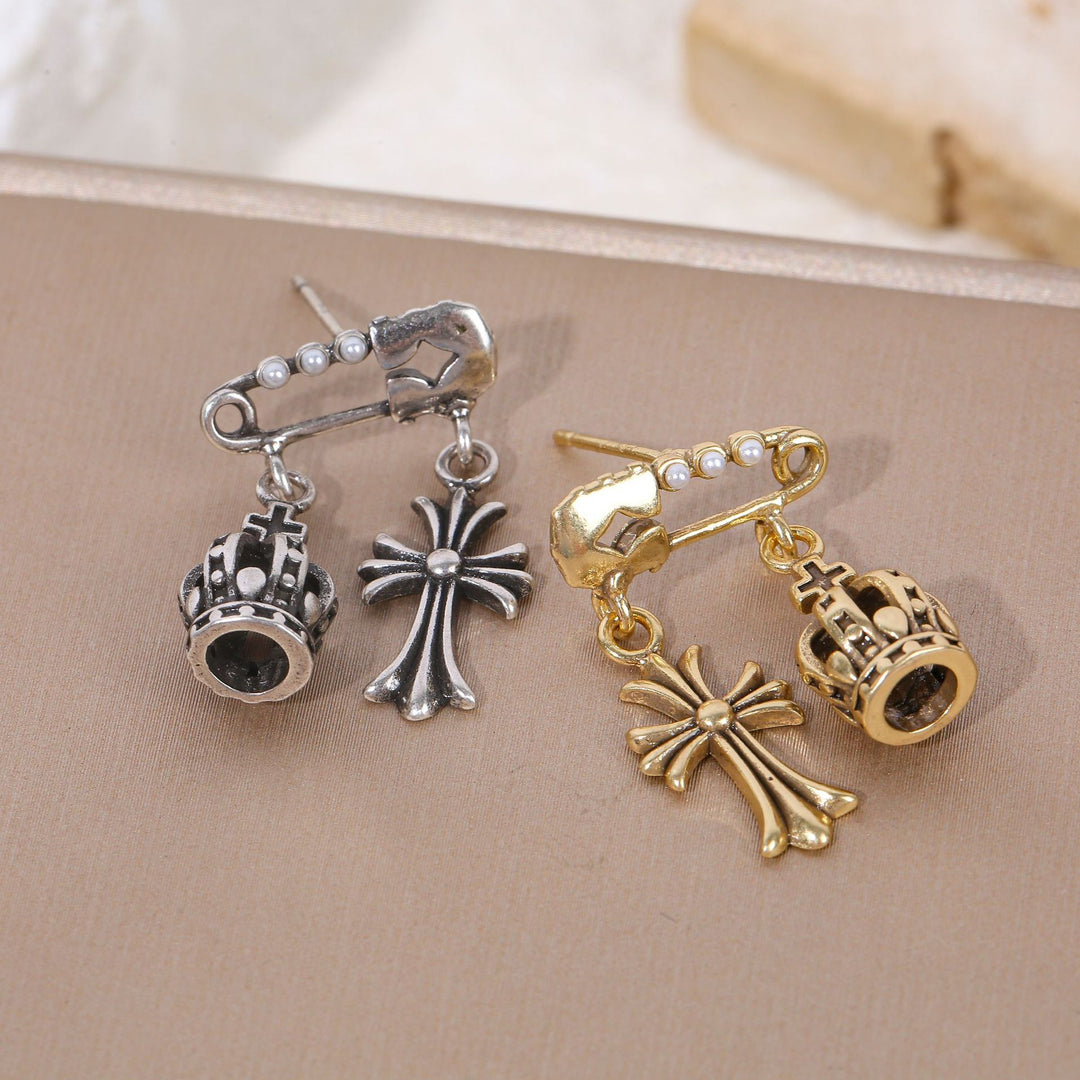 Chrome Hearts-Inspired Safety Pin Cross & Crown Earrings