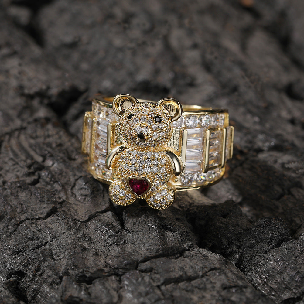 Hip-hop cute bear diamond-encrusted adjustable ring