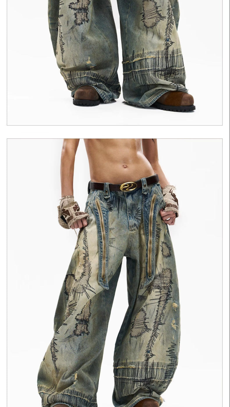 "Random Stitch" Embroidered & Distressed "Scythe" Cut Denim Jeans