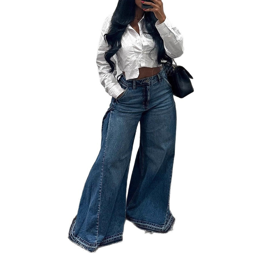 Washed wide-leg patchwork jeans for women