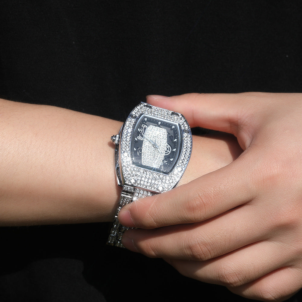 Diamond-set color-blocked hip-hop tonneau-shaped watch