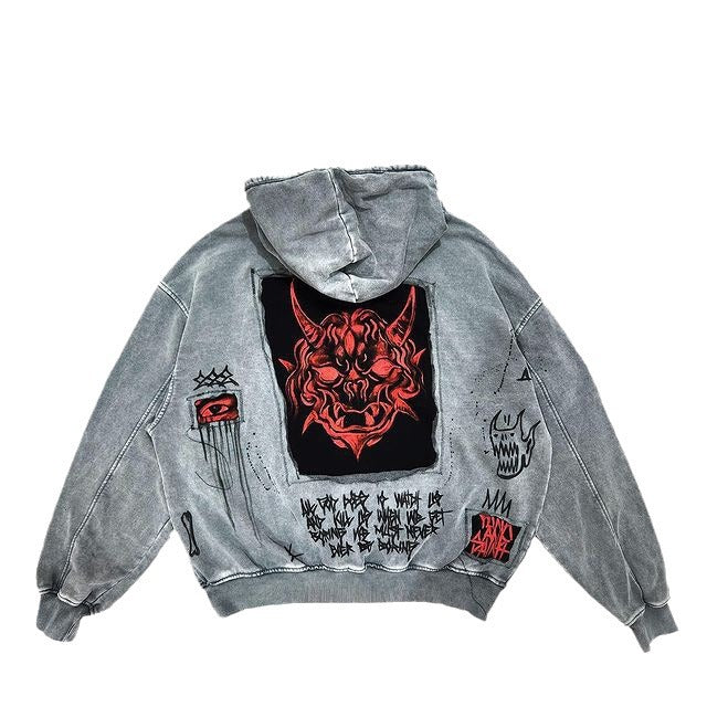 Y2K Retro Hoodie with Devil Print and Appliqué