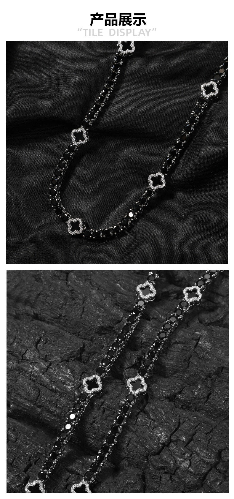 Silver Black Buckle Four-Leaf Clover Tennis Chain Necklace