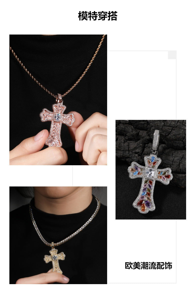 Hip-hop full diamond colorful wheat ear cross pendant