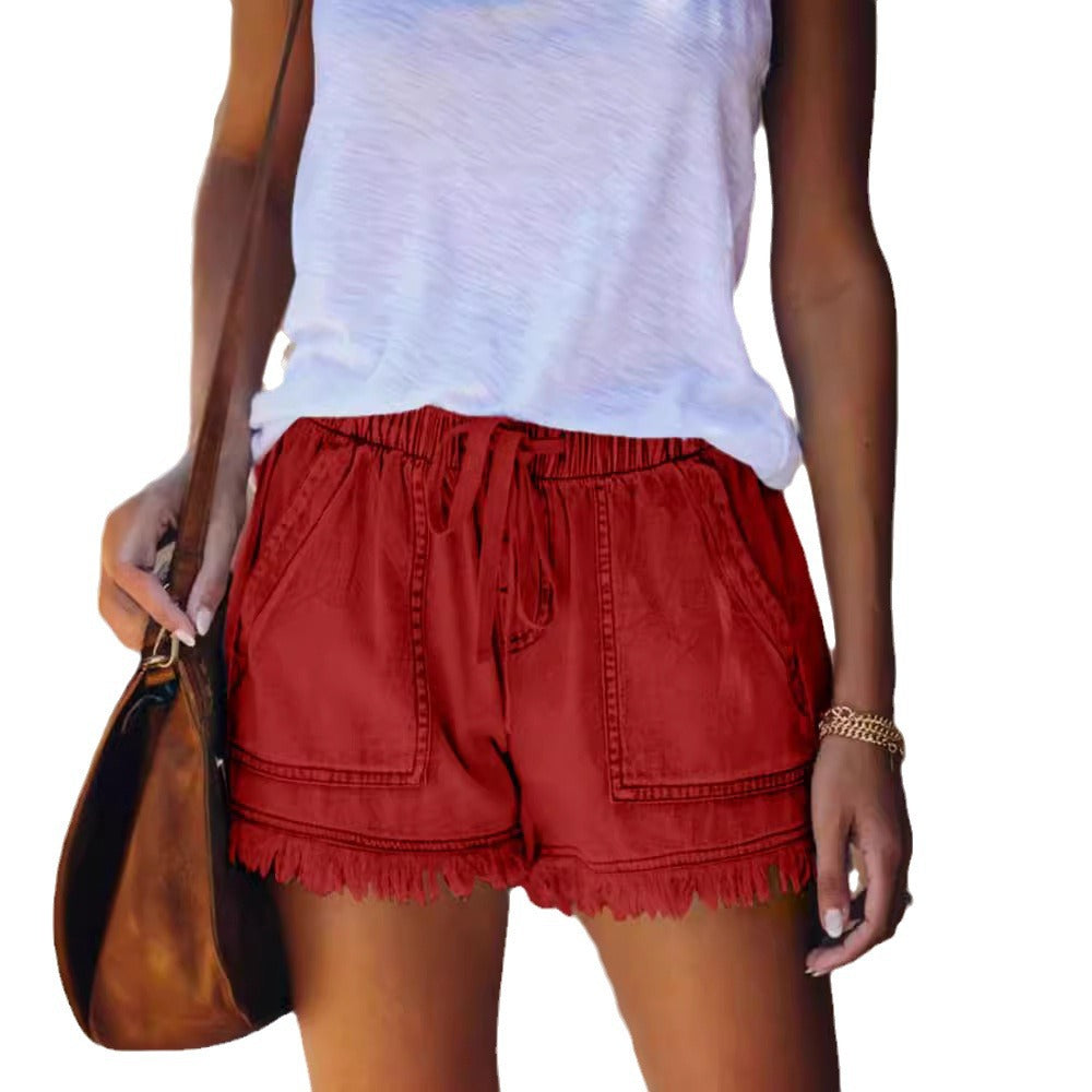High-Waisted Denim Shorts with Elastic Waist and Fringed Hem